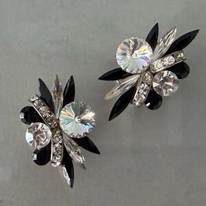 Exquisite Bold Statement Clear and Black Crystal Earrings, Vintage Glam